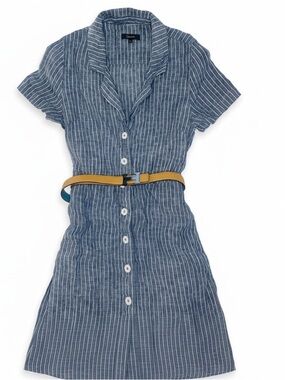 Quince Blue Striped  European Linen Midi Shirt Dress